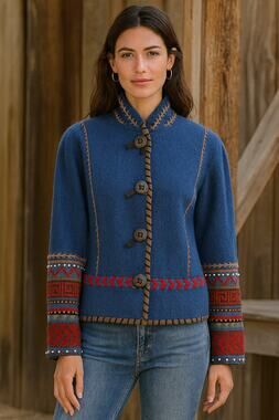 ColdWater Creek Artisan Blue Wool Western Jacket Boho Embroidered Southwestern